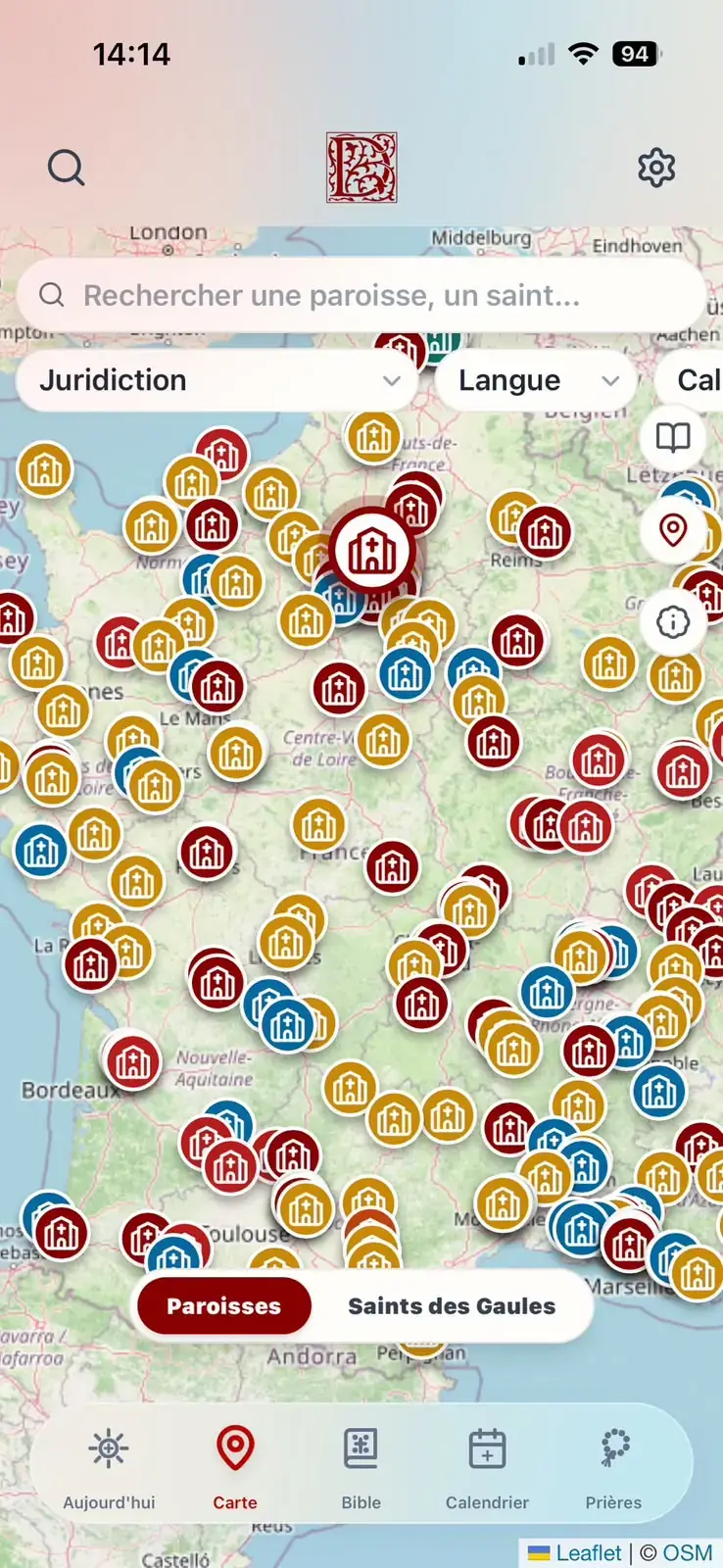 Écran « Carte » : les paroisses orthodoxes de France localisées sur une carte, filtrables par juridiction et par langue.